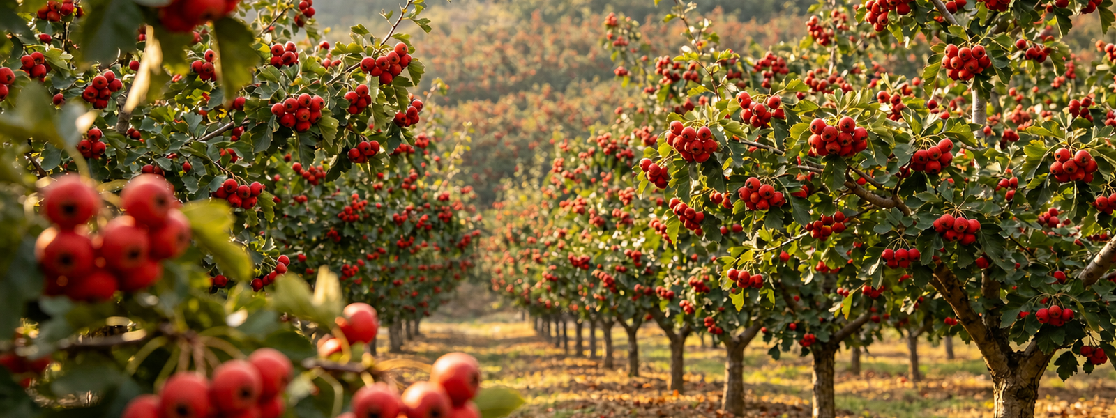 Ripe red hawthorn fruit growing in a clear commercial orchard