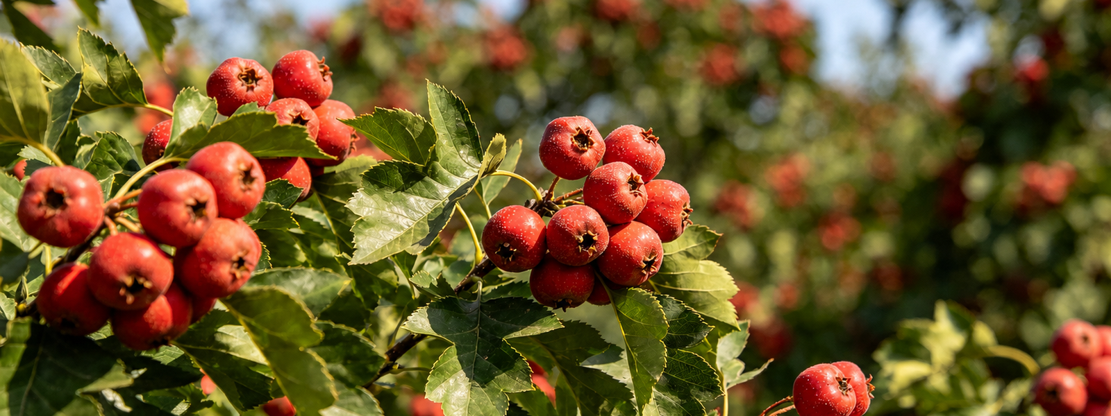 Ripe red hawthorn fruit growing on orchard branches