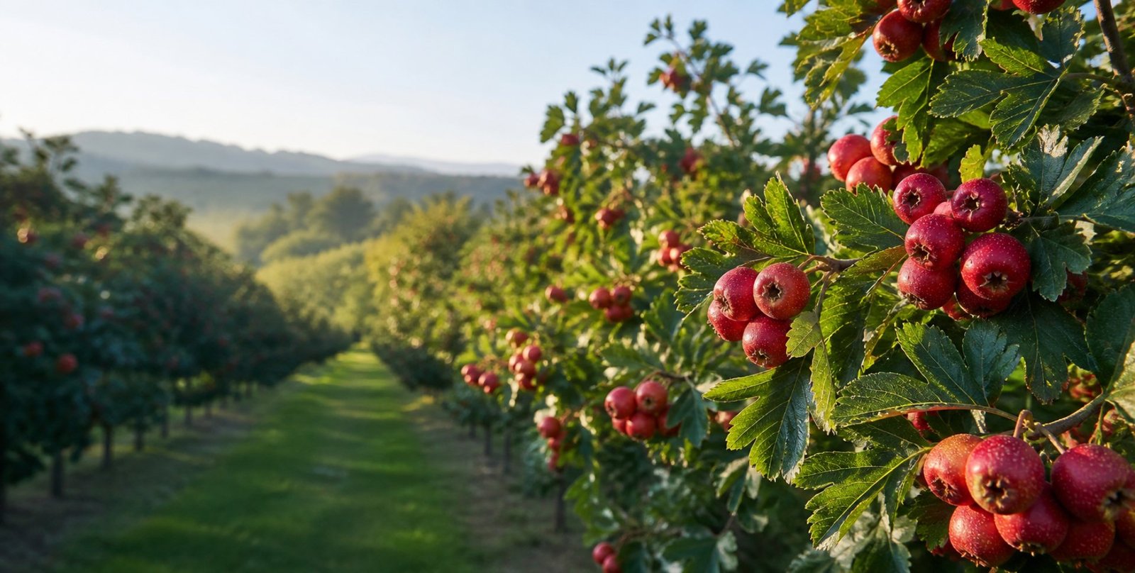Ripe red hawthorn fruit in a managed Shandong orchard