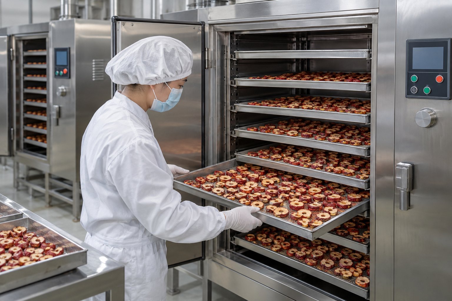 Technician loading hawthorn slices into low-temperature drying equipment