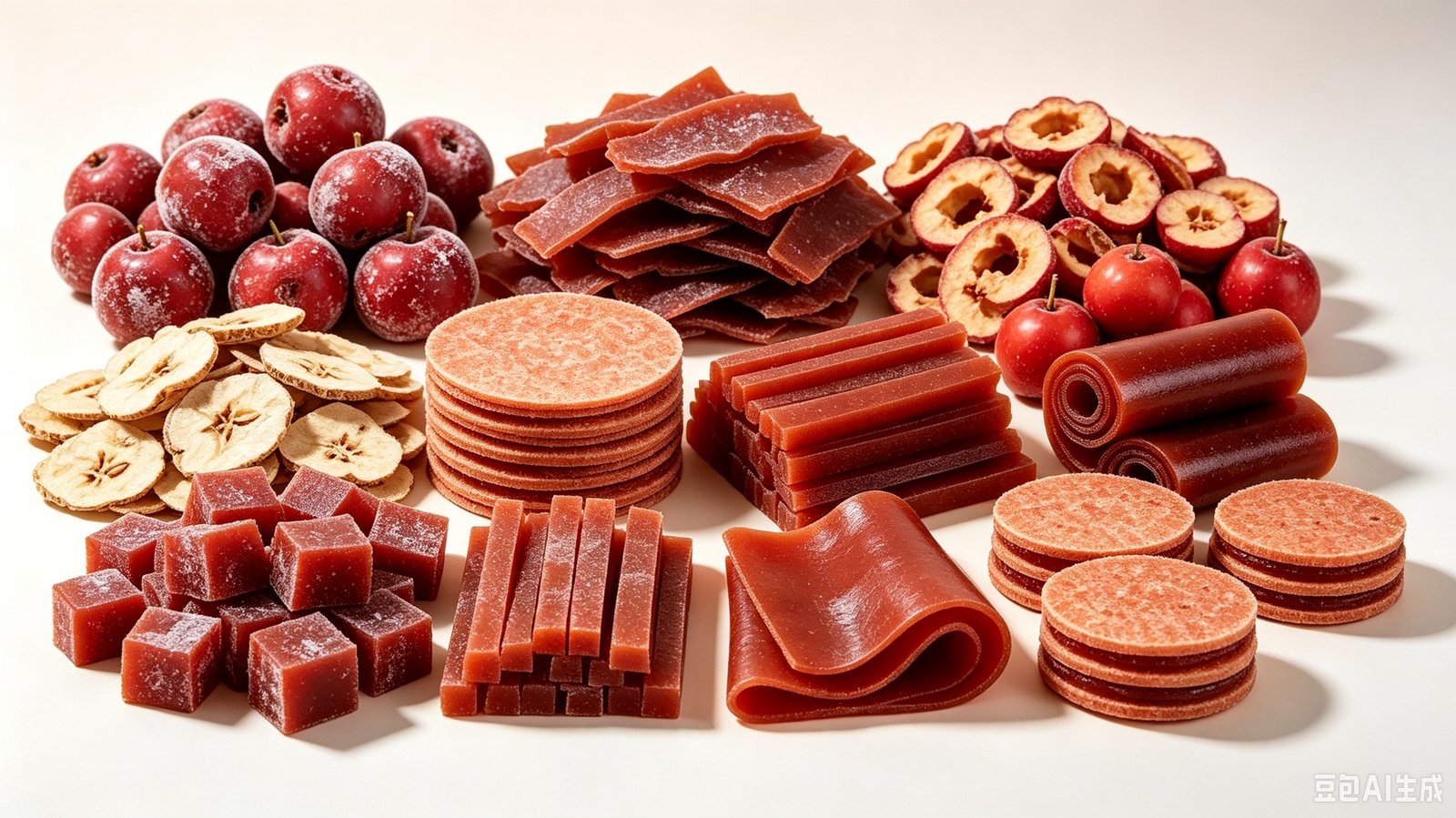 Complete hawthorn product range including fresh hawthorn, dried slices, rolls, strips, discs and fruit leather