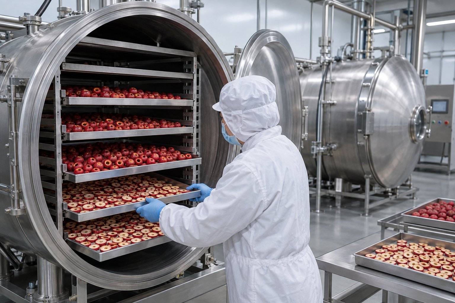Pitted hawthorn fruit and slices in vacuum freeze-drying equipment